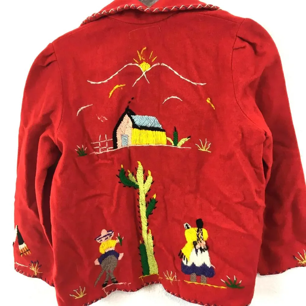 Embroidered Red Wool Jacket Vintage Made in Mexico Agave Horseshoe Sanchez